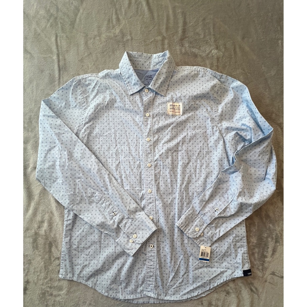IZOD Button Down Shirt Mens XL Blue Saltwater Slim Fit Untucked NWT